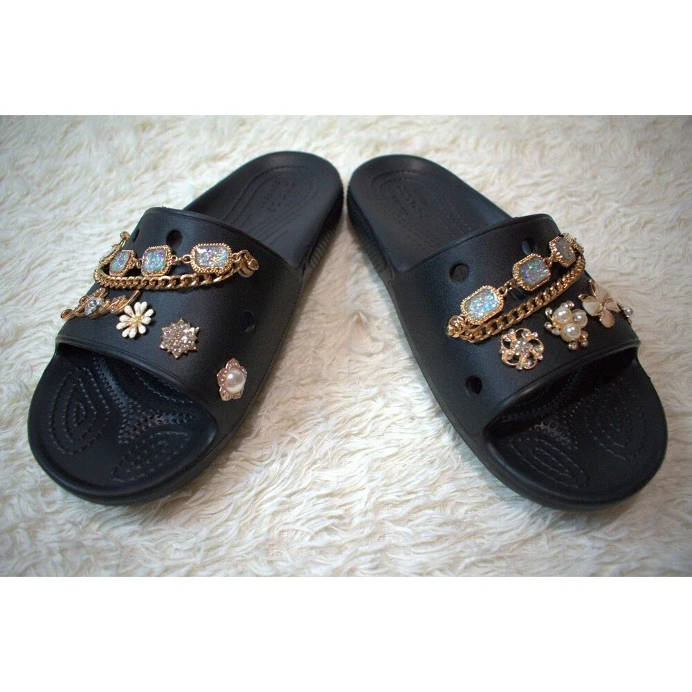 Crocs Slides Customized with Gold Luxe Charms (206761‑001 ) - Women's Size 10